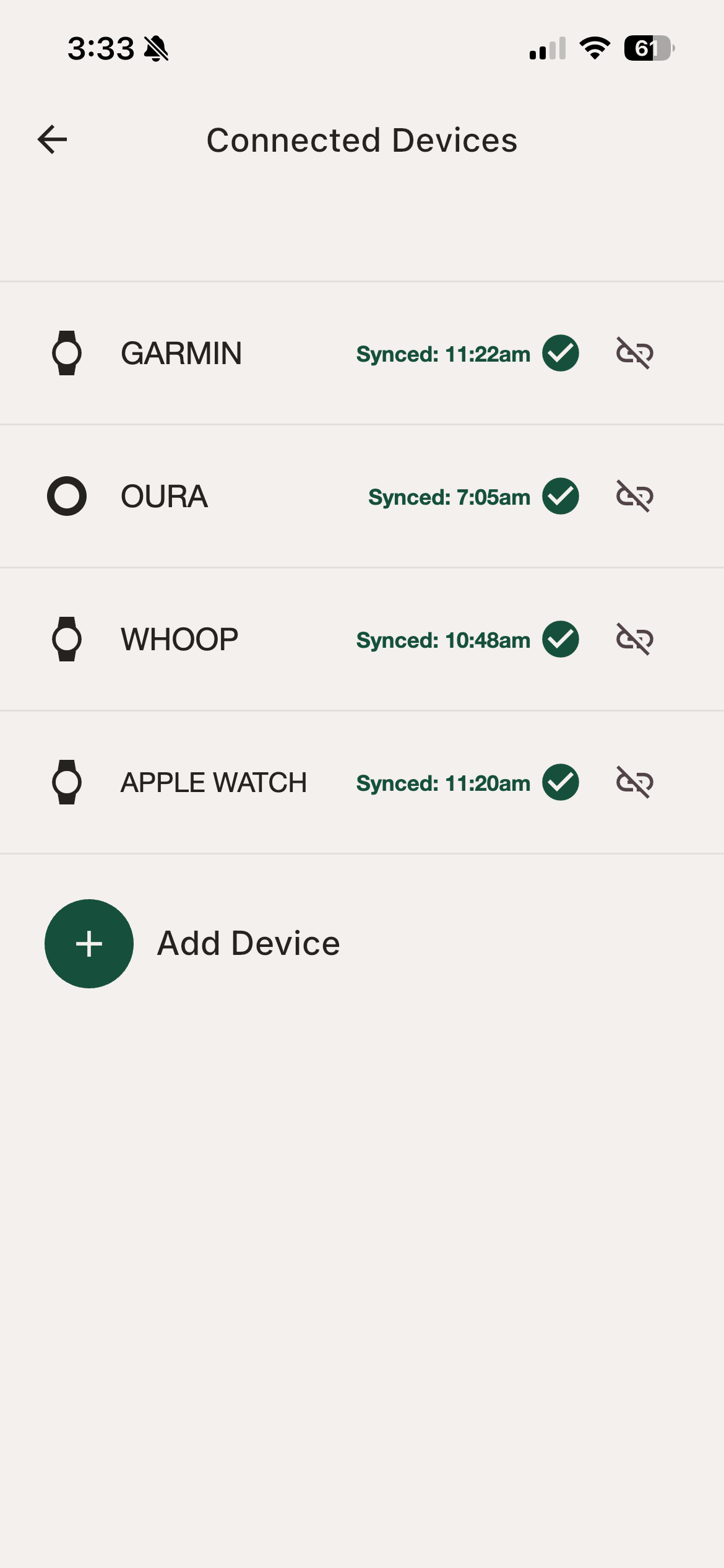 Connected Devices: Garmin, Oura, Whoop and Apple Watch, all synced